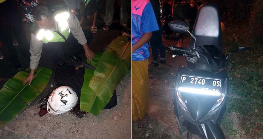 Anggota Lakalantas Polres Banyuwangi saat mengevakuasi korban kecelakaan di jalan raya Banyuwangi- Jember, Minggu (10/11/2019) malam. (ist)